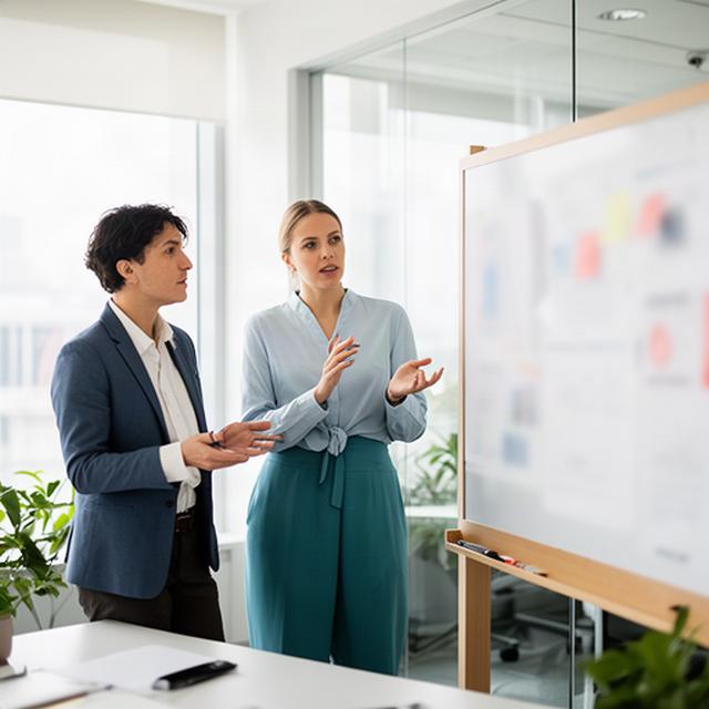 Business owner reviewing a planning board with a consultant in a bright Ontario office
