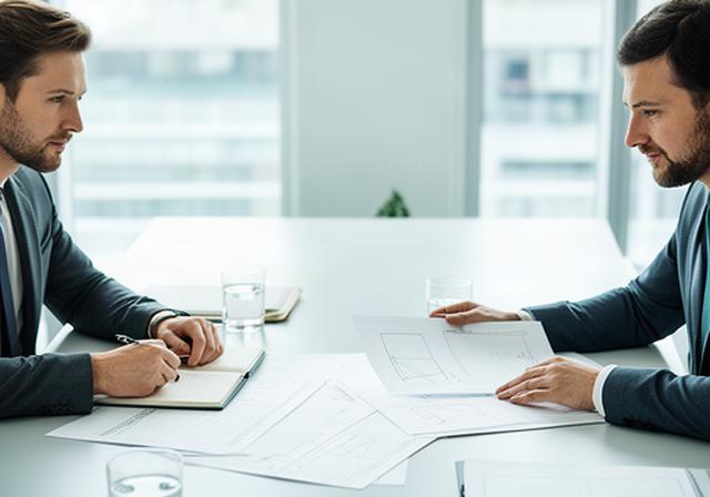 Two business advisers reviewing printed planning documents at a bright meeting table