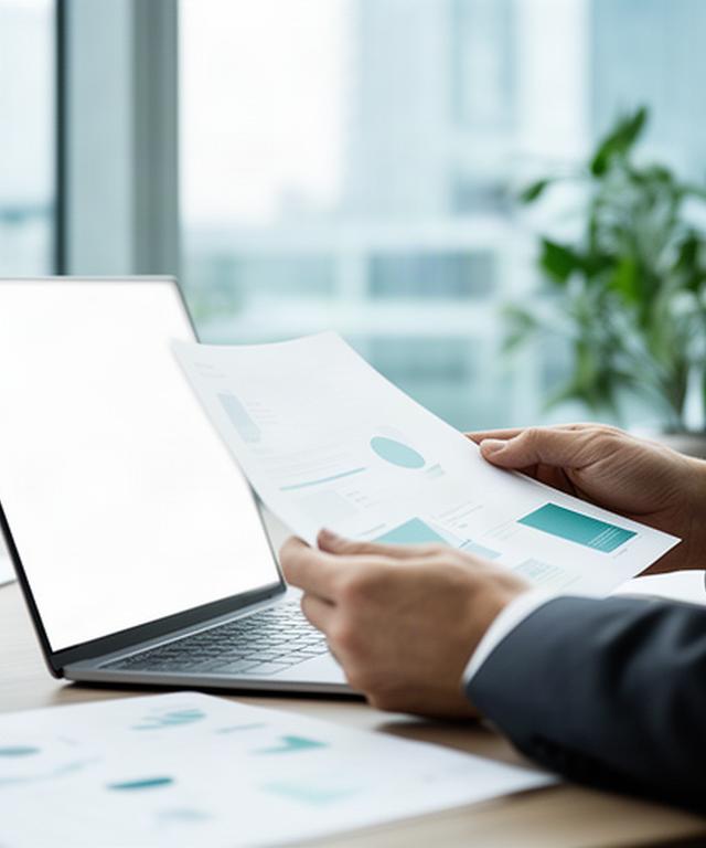 Consultant reviewing business notes beside a laptop in a bright Ontario office