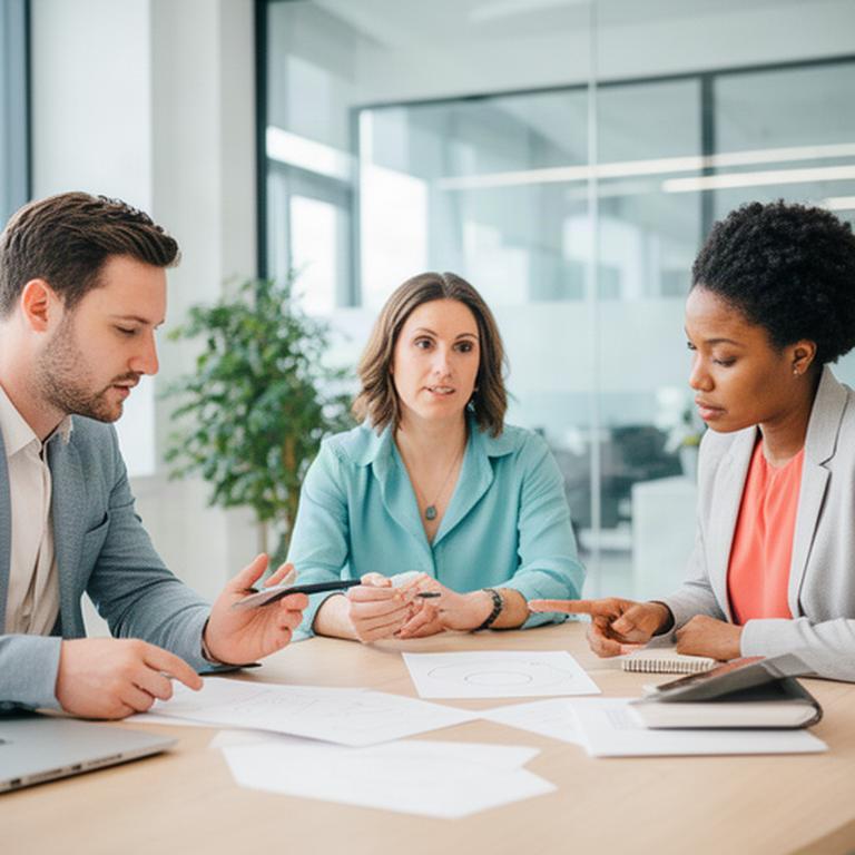 Consulting team reviewing business plans around a table in a bright East Gwillimbury workspace