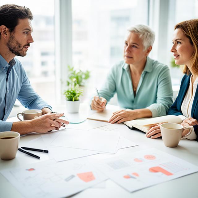 Two business advisers reviewing a printed growth plan with a small business owner at a bright Ontario meeting table