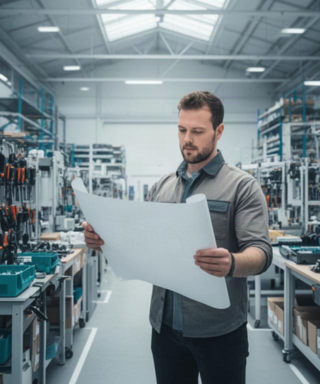 Production supervisor reviewing a manufacturing floor plan beside organised equipment in an Ontario facility